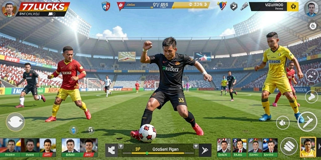 Tampilan layar utama 77LUCKS menampilkan aksi olahraga yang mendebarkan.