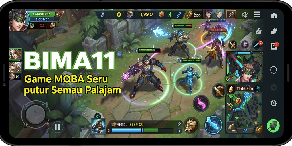 Screenshot gameplay BIMA11 menampilkan aksi pertempuran epik antara hero-hero yang kuat.