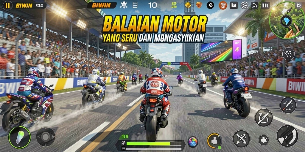 Screenshot gameplay BIWIN menampilkan balapan motor yang seru dan menegangkan.