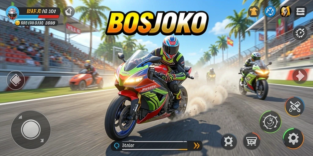Tampilan gameplay seru dari BOSJOKO yang menunjukkan balapan motor.