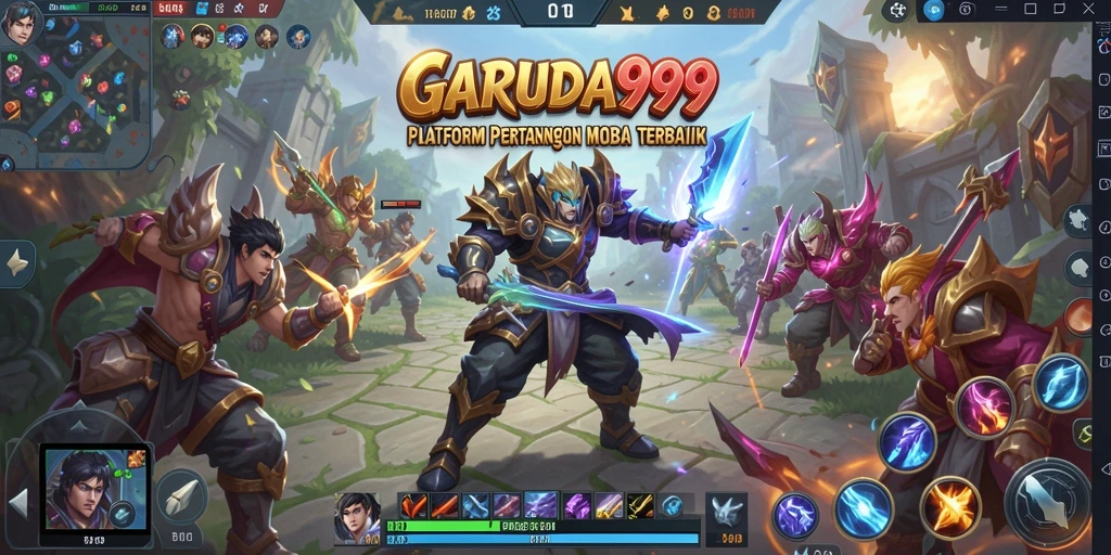 Screenshot menunjukkan aksi pertarungan sengit dalam GARUDA999 game MOBA.