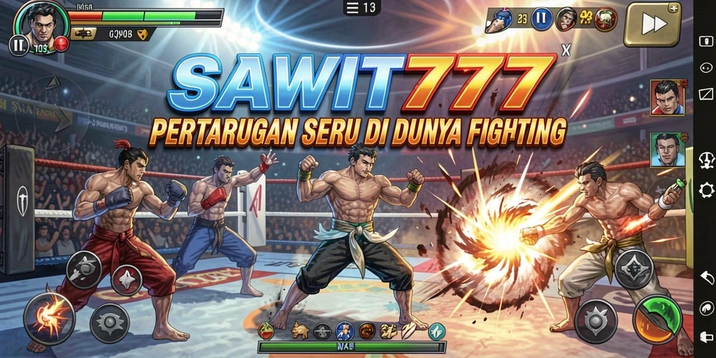 Screenshot utama menunjukkan aksi pertarungan seru dalam SAWIT777.